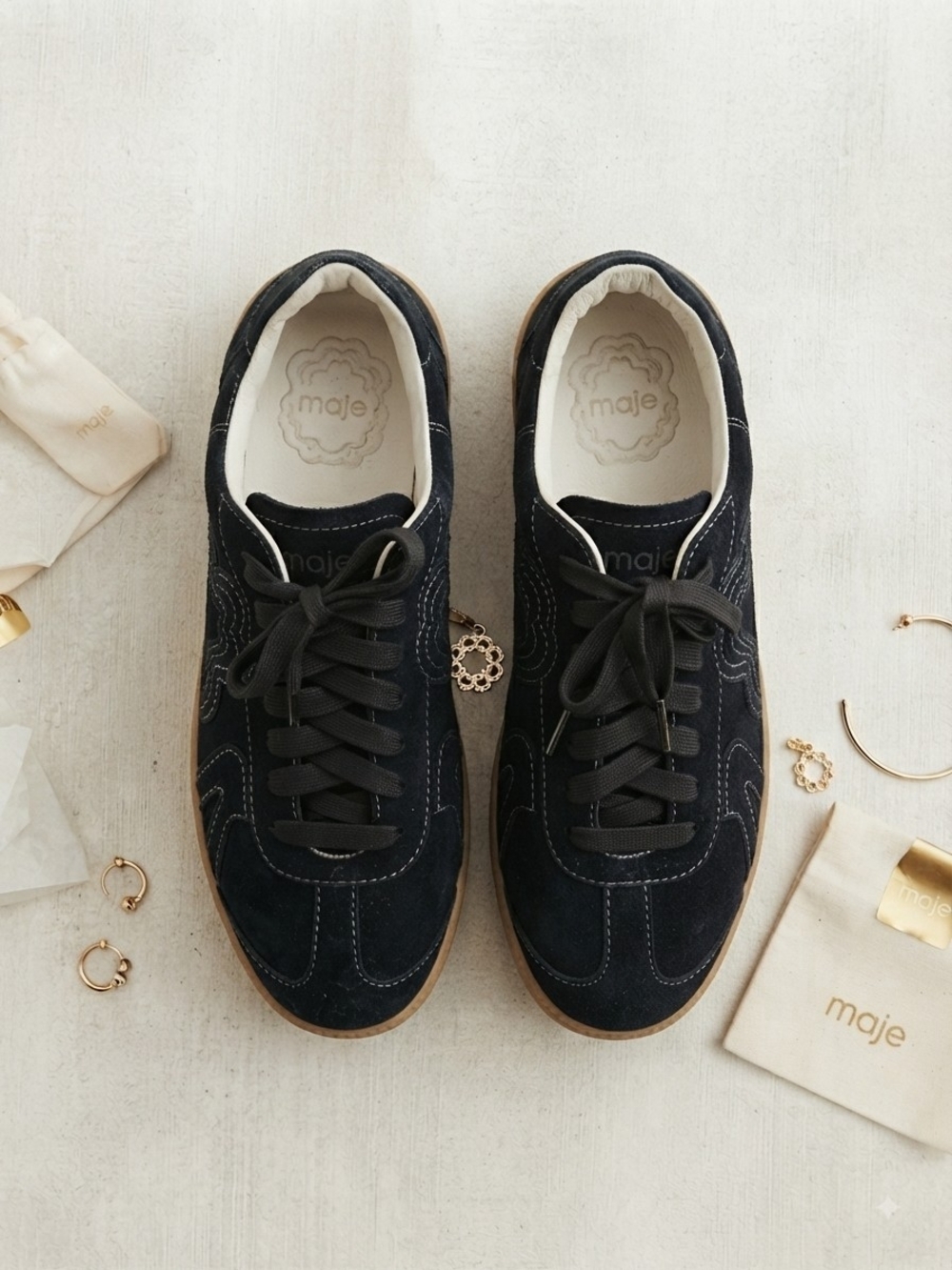 Maje Black Suede Lace-Up Sneakers with Gum Sole